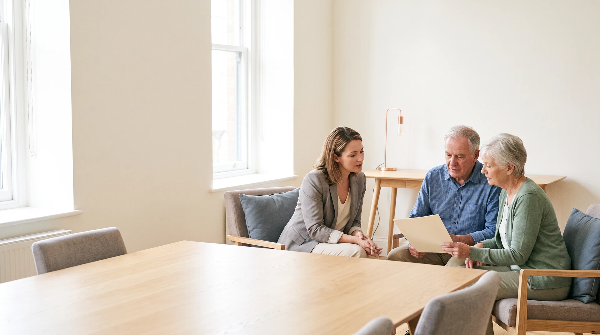 A care professional speaking with an older couple at a conference table