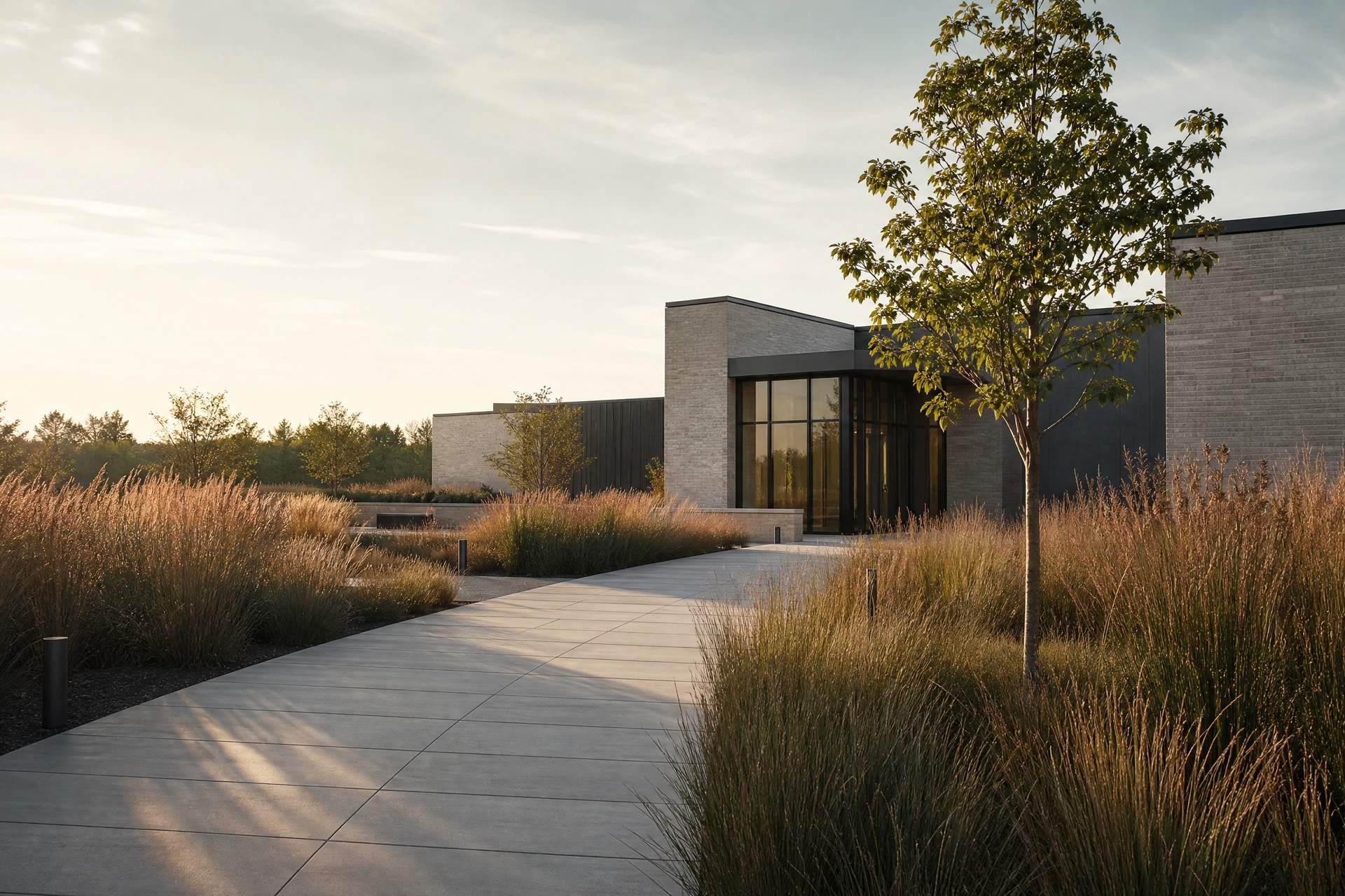 A modern community courtyard with native grasses and a welcoming walkway
